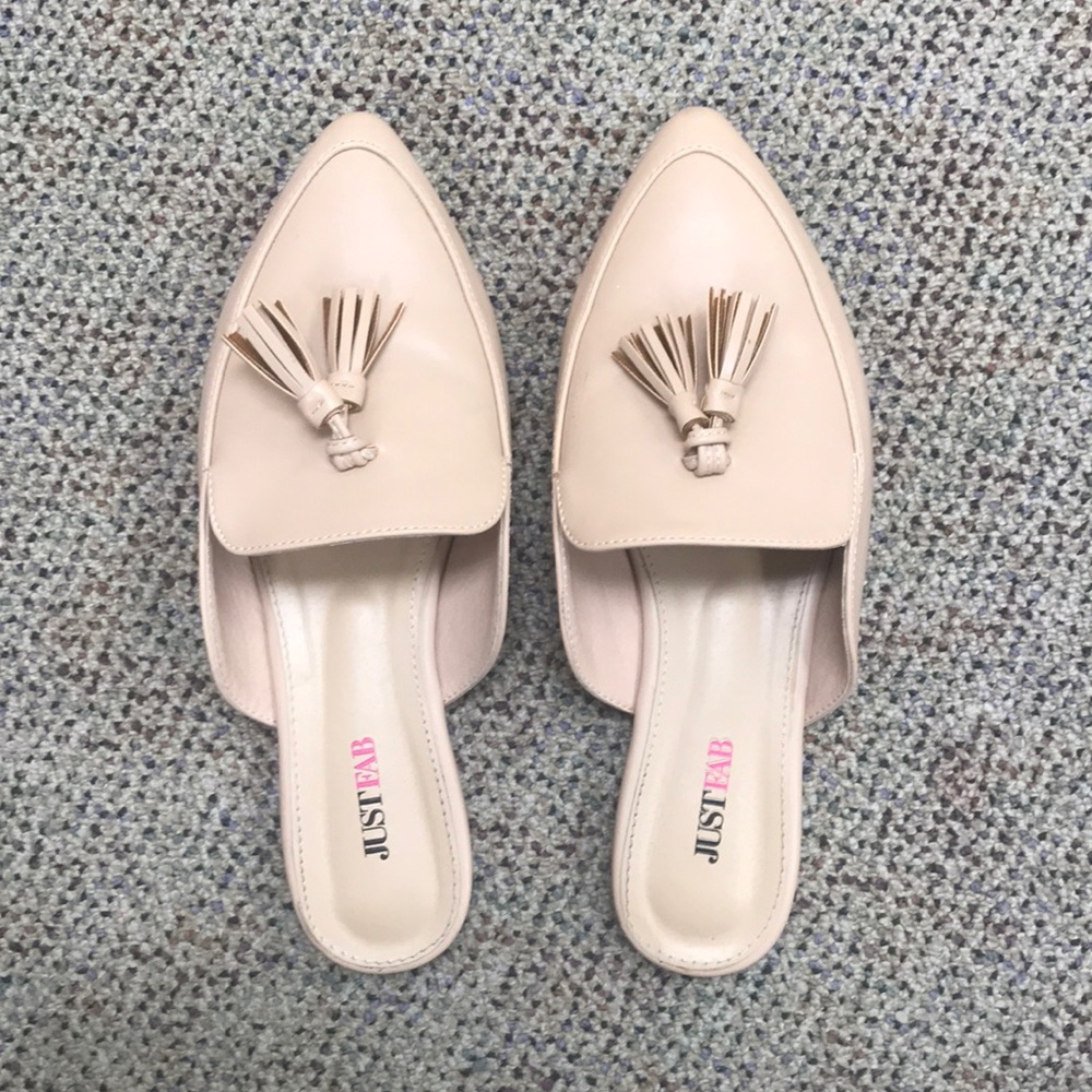Just fab tassel loafer slide ons, backless. Nude